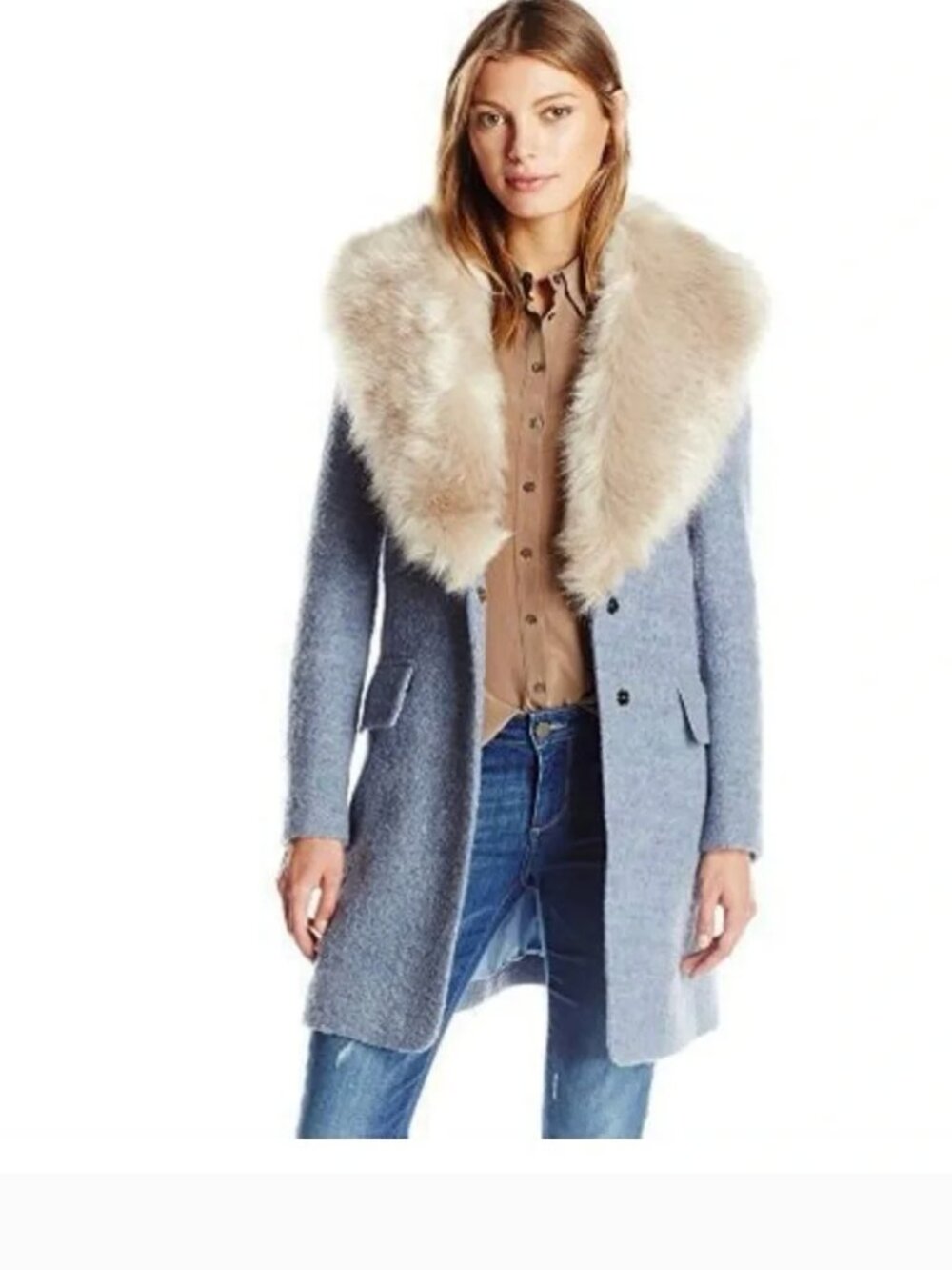 Belle by Badgley Mischka HOLLY Blue Wool Blend Coat Faux Fur Collar L NWT As-Is